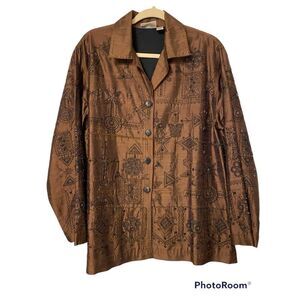 Chico’s 100% Silk Embroidered/Beaded Blouse Sz.  S Asian Abstract Desg. Boxy